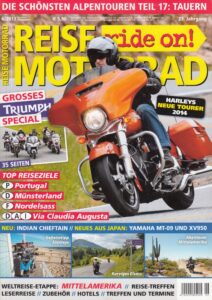 Titelseite: REISE MOTORRAD ride on! 6/2013 – Triumph Bonneville T100 mit 50 kW (68 PS) im Test, Triumph Thunderbird mit 63 kW (85 PS) im Test
