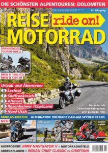 Titelseite: REISE MOTORRAD ride on! 6/2014 – BMW R 1200 RT mit 92 kW (125 PS) im Vergleichstest, BMW K 1600 GTL mit 118 kW (160 PS) im Vergleichstest
