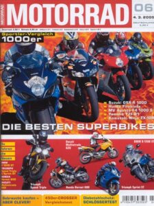 Titelseite: MOTORRAD 6/2005 – Suzuki GSX-R 1000 im Vergleich; Honda CRF 450 R im Vergleich