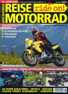 Titelseite: REISE MOTORRAD ride on! 6/2005 – Kawasaki ER-6n mit 53 kW (72 PS) im Reise-Test, Voxan Street Scrambler mit 69 kW (94 PS) Probefahrt