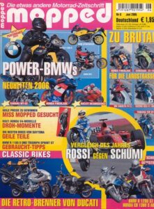 Titelseite: mopped 6/2005 – Honda CBR 1000 RR FireBlade mit 126 kW (171 PS) im Vergleichstest, Suzuki GSX-R 1000 mit 131 kW (178 PS) im Vergleichstest