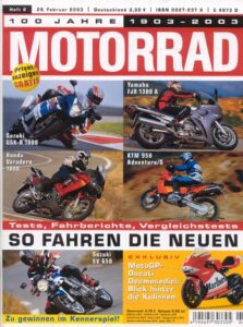 Titelseite: MOTORRAD 6/2003 – BMW R 1150 GS vs. Honda Varadero 1000 vs. Suzuki DL 1000 V-Strom
