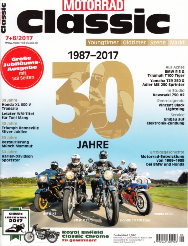 MOTORRAD Classic 7+8/2017 – 30 Jahre, Honda XL 600 V, BMW R 75/5, Kawasaki H2, Vincent Black Lightning