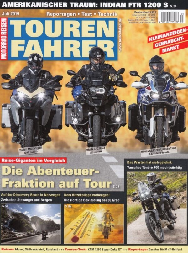 TOURENFAHRER 7/2019 – BMW R 1250 GS Adventure mit 100 kW (136 PS) im Vergleichstest, Indian FTR 1200 S mit 90 kW (123 PS) im Test
