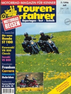 Tourenfahrer 7/1996 – Kawasaki VN 800 Classic mit 41 kW (56 PS) im Vergleichstest, BMW R 100 GS, hier von Q-Tech-Tuning, Probefahrt