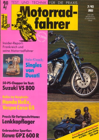 Motorradfahrer 7/1992 – Vespa Cosa 200 GS; Honda CN 250 Helix; Test Suzuki VS 800 Intruder; Kawasaki GPZ 600 R, aus 2. Hand kaufen