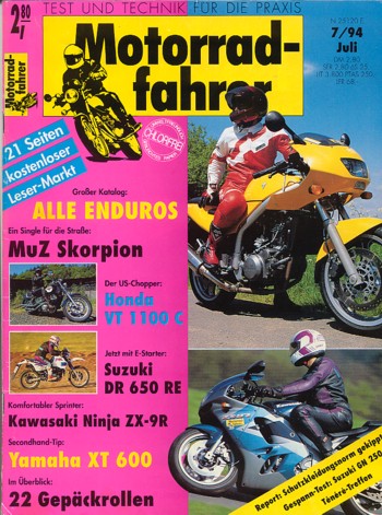 Motorradfahrer 7/1994 – Test MZ Skorpion Sport; Honda VT 1100 C Shadow; Test Kawasaki ZX-9R Ninja; Test Suzuki DR 650 RE