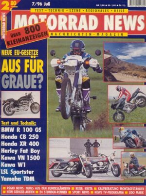 MOTORRAD NEWS 7/1996 – Harley-Davidson Fat Boy mit 41 kW (56 PS) im Vergleichstest; Kawasaki VN 1500 Classic mit 47 kW (64 PS) im Vergleichstest
