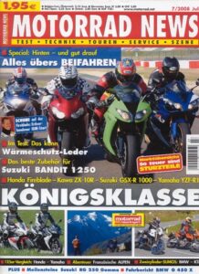 Titelseite: MOTORRAD NEWS 7/2008 – Motorrad Tour Fränkische Schweiz und Fränkische Seen; Motorradreise vom Mont Blanc nach Monaco; Motorrad Wochenendtour in der Mecklenburgischen Seenplatte