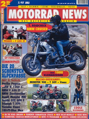 MOTORRAD NEWS 7/1997 – BMW R 1200 C mit 45 kW (61 PS) Test & Technik; Triumph Speed Triple T 509 mit 78 kW (106 PS) im Vergleichstest; YAMAHA Vmax mit 100 kW (136 PS) im Vergleichstest