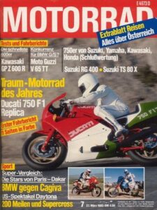 Titelseite: MOTORRAD 7/1985 – Ducati 750 F1; Kawasaki GPZ 600 R; Moto Guzzi V 65 TT