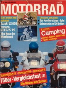 Titelseite: MOTORRAD 7/1986 – Vergleich Honda VFR 750 F vs. Suzuki GSX-R 750 vs. Yamaha FZ 750