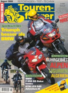 Titelseite: Tourenfahrer 8/2000 – BMW F 650 GS Dakar vs. KTM LC4 640 Adventure R