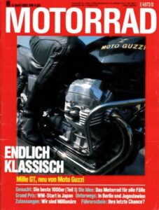 Titelseite: MOTORRAD 8/1987 – Moto Guzzi Mille GT; Vergleich BMW R 80 G/S vs. Honda Transalp 600 V
