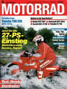 Titelseite: MOTORRAD 8/1988 – Honda VFR 750 F; Kawasaki GPX 750 R; Suzuki GSX-R 750; Yamaha FZ 750