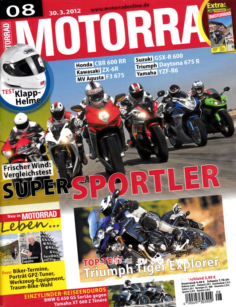 Titelbild: MOTORRAD 8/2012 – Top-Test Triumph Tiger Explorer; Gebrauchtkauf BMW K 1300 GT / R / S