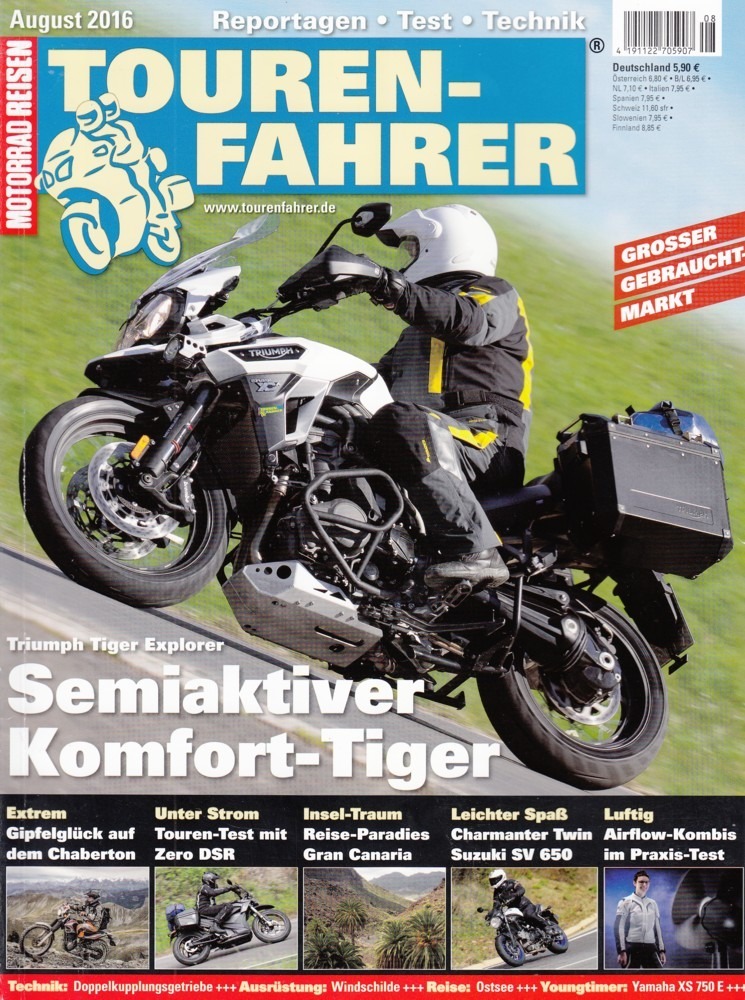 TOURENFAHRER 8/2016 – Zero DSR mit 52 kW (71,5 PS) Test & Technik, Triumph Tiger Explorer XCA mit 101 kW (137 PS) Test & Technik