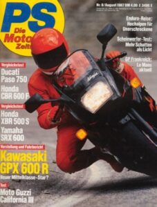 Titelseite: PS 8/1987 – Kawasaki GPX 600 R mit 63 kW (85 PS) Test & Technik, Ducati 750 Paso mit 55 kW (74 PS) im Vergleichstest