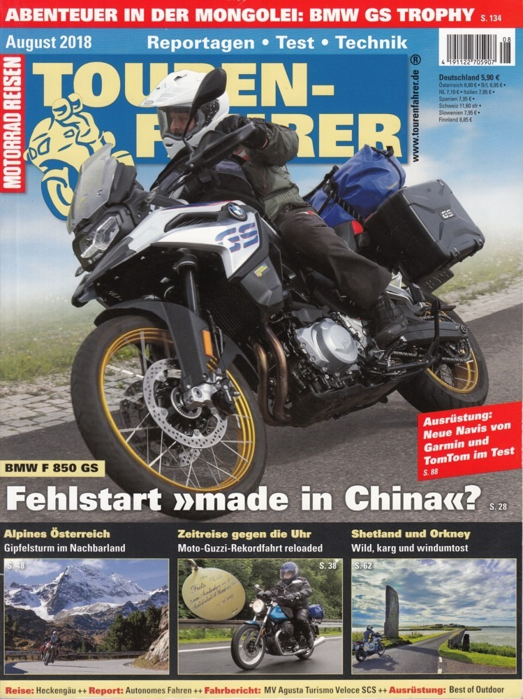Titelbild: TOURENFAHRER 8/2018 – BMW F 850 GS ; Moto Guzzi V7 Hamburg–Berlin