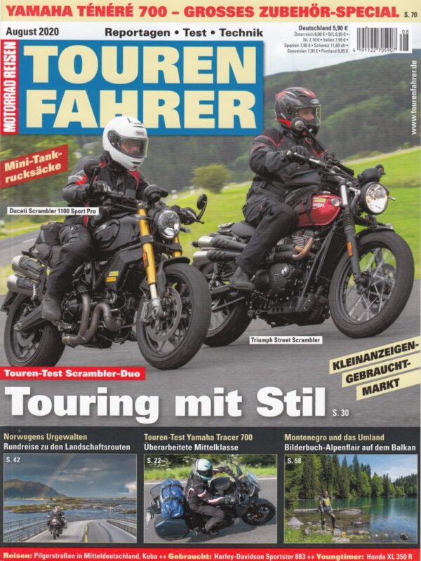 TOURENFAHRER 8/2020 – Yamaha Ténéré 700, Vorschläge für zusätzliche Ausrüstung, Triumph Street Scrambler mit 48 kW (65 PS) im Vergleichstest