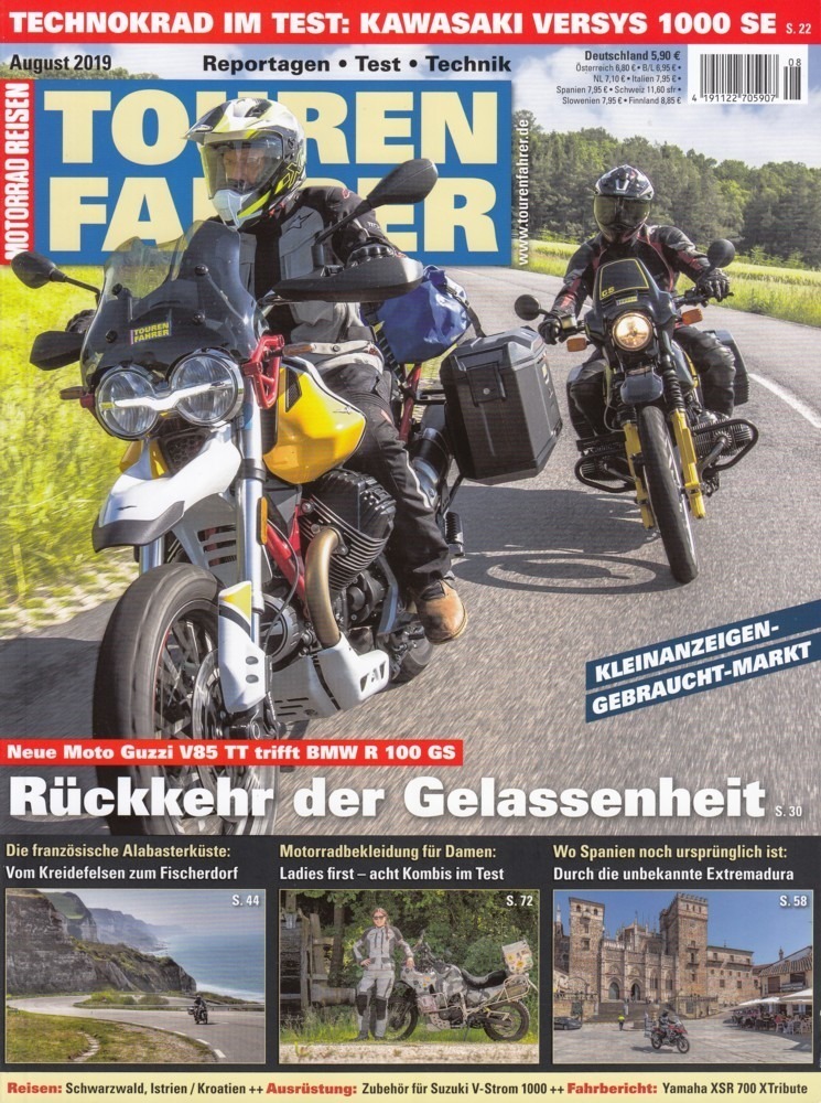 Titelbild: TOURENFAHRER 8/2019 – BMW R 100 GS vs. Moto Guzzi V85 TT