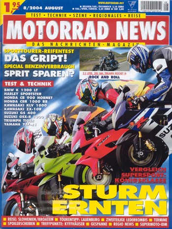 MOTORRAD NEWS 8/2004 – Honda CBR 1000 RR Fireblade mit 126 kW (171 PS) im Vergleichstest; Kawasaki ZX-10R Ninja mit 128 kW (175 PS) im Vergleichstest; Suzuki GSX-R 1000 mit 120,5 kW (164 PS) im Vergleichstest