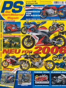 Titelseite: PS 8/2005 – Bimota DB5 1000 mit 68 kW (92 PS) im Test, BMW HP2 mit 77 kW (105 PS) im Test, Kawasaki ER-6n mit 53 kW (72 PS) im Test