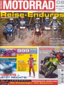 Titelseite: MOTORRAD 8/2007 – Top-Test Honda Hornet 600; Triumph Tiger 1050 im Vergleich