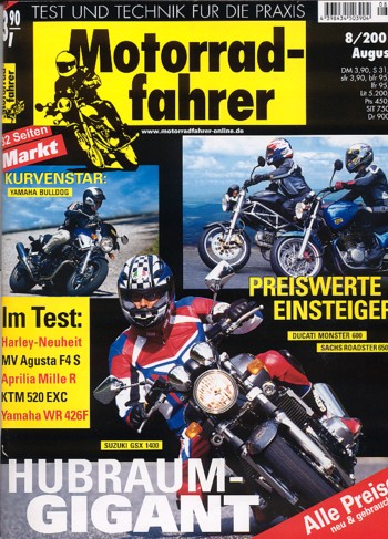 Motorradfahrer Heft 8/2001 – Harley-Davidson V-Rod, Suzuki GSX 1400, Aprilia RSV Mille R