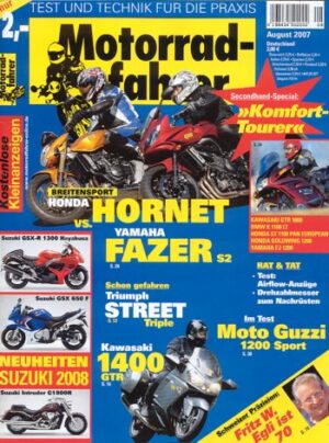 Motorradfahrer 8/2007 – Triumph Street Triple mit 78 kW (106 PS) Probefahrt; Kawasaki 1400 GTR mit 114 kW (155 PS) Probefahrt