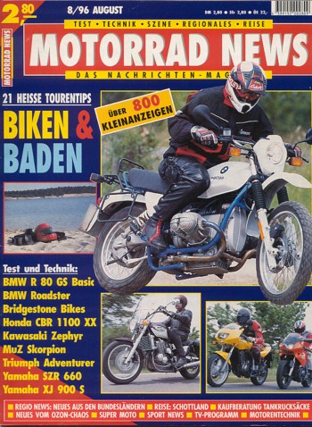 MOTORRAD NEWS 8/1996 – MZ Skorpion Sport mit 35 kW (48 PS) im Vergleichstest; Yamaha SZR 660 mit 35 kW (48 PS) im Vergleichstest
