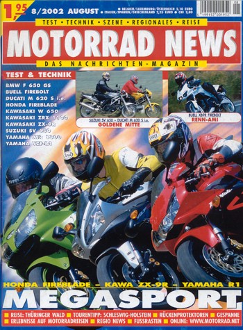 MOTORRAD NEWS 8/2002 – Honda CBR 900 RR Fireblade mit 110 kW (150 PS) im Vergleichstest; Kawasaki ZX-9R Ninja mit 105 kW (143 PS) im Vergleichstest; Yamaha YZF-R1 mit 112 kW (152 PS) im Vergleichstest
