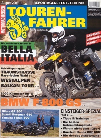 TOURENFAHRER 8/2008 – Suzuki Burgman 650 mit 41 kW (56 PS) im Vergleichstest, BMW F 800 GS mit 63 kW (85 PS) im Touren-Test
