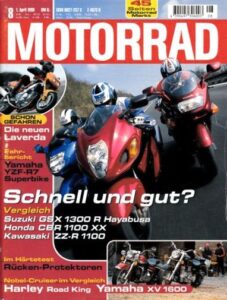 Titelseite: MOTORRAD 8/1999 – Honda CBR 1100 XX; Kawasaki ZZ-R 1100; Suzuki GSX 1300 R Hayabusa