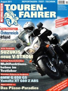 Titelseite: Tourenfahrer 8/2011 – BMW G 650 GS vs. Yamaha Ténéré; Suzuki V-Strom 650