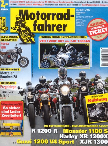 Motorradfahrer 8/2010 – Honda VFR 1200 F DCT mit 127 kW (173 PS) im Vergleichstest; Yamaha FJR 1300 AS mit 105,5 kW (143,5 PS) im Vergleichstest