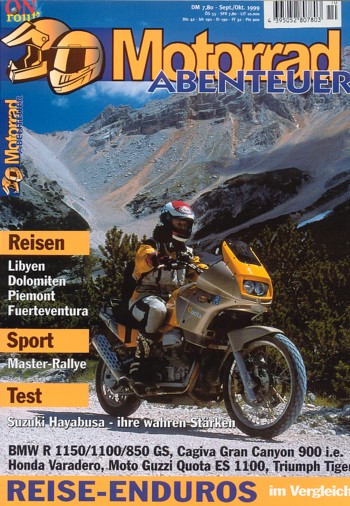 Motorrad ABENTEUER 9/10 1999 – Test Suzuki GSX 1300 R Hayabusa; Honda XL 1000 V Varadero; Cagiva Gran Canyon 900 i.e.; Moto Guzzi Quota 1100 ES