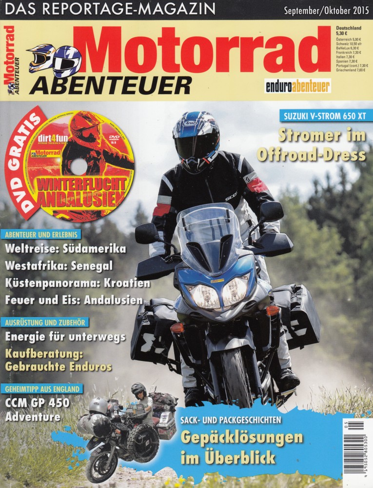 Titelbild: Motorrad Abenteuer 9/10 2015 – Ducati Scrambler 800 Urban Enduro; Suzuki V-Strom 650 XT