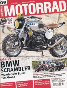 Titelseite: MOTORRAD 09/2016 – BMW Scrambler, Power-Nakeds Vergleich, Helmtest 2016, Gardasee Touren