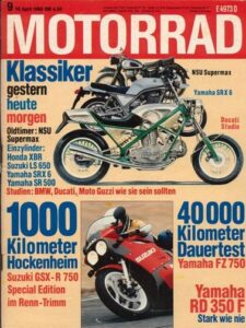 Titelseite: MOTORRAD 9/1986 – Dauertest Yamaha FZ 750; Test Yamaha RD 350 LC YPVS