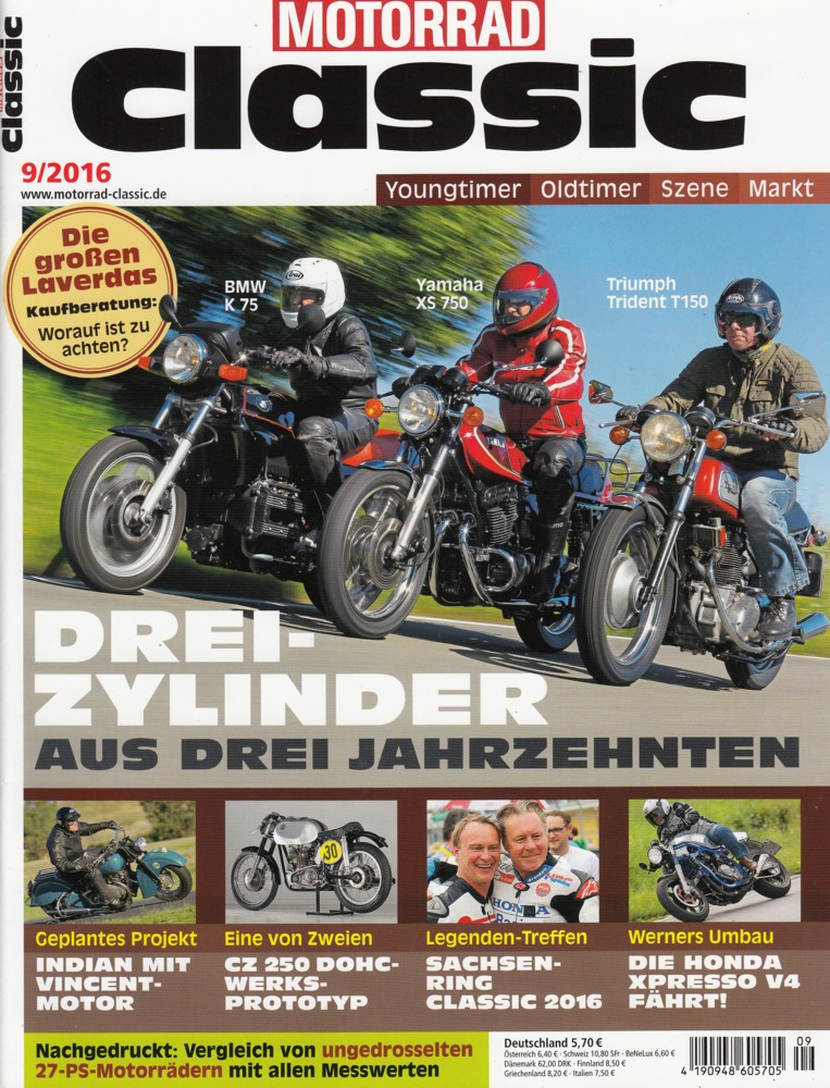 Titelbild: MOTORRAD CLASSIC 9/2016 – Triumph T150 Trident; Yamaha XS 750; BMW K 75