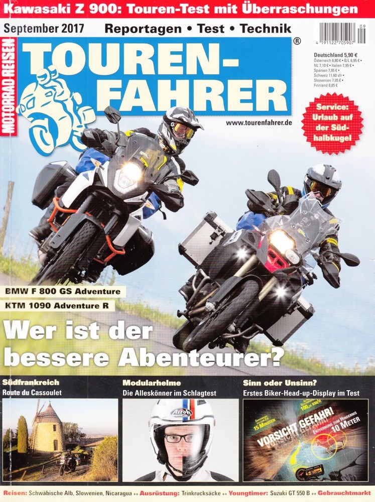 Titelbild: TOURENFAHRER 9/2017 – BMW F 800 GS Adventure vs. KTM 1090 Adventure R