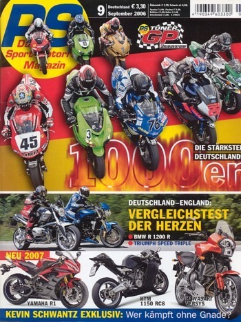 PS 9/2006 – BMW R 1200 R mit 80 kW (109 PS) im Vergleichstest, Triumph Speed Triple 1050 mit 96 kW (130 PS) im Vergleichstest