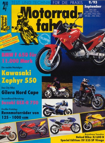 Motorradfahrer 9/1993 – BMW F 650; Test Kawasaki Zephyr 550; Test Gilera Nord Cape 600; Honda GL 1500 Gold Wing, als Christoph-Trike