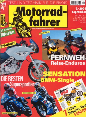 Motorradfahrer Heft 9/2001 – Suzuki GSX-R 1000 vs. Triumph Daytona 955i, BMW F 650 GS