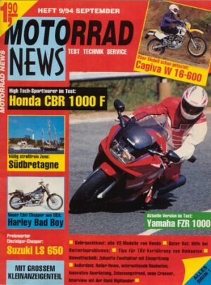 MOTORRAD NEWS 9/1994 – Honda CBR 1000 F mit 72 kW (98 PS) Test & Technik; Cagiva 600 W 16 mit 25 kW (34 PS) Test & Technik