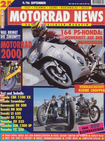 MOTORRAD NEWS 9/1996 – Honda CBR 1100 XX Super Blackbird mit 121 kW (mit 164 PS) Probefahrt auf der Rennstrecke