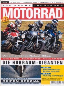 Titelseite: MOTORRAD 9/2003 – Honda CB 1300 vs. Suzuki GSX 1400 vs. Yamaha XJR 1300