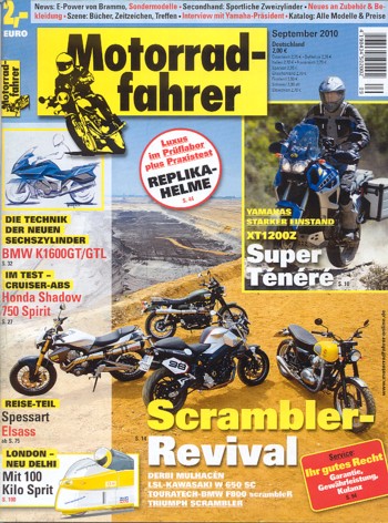 Motorradfahrer 9/2010 – Yamaha XT 1200 Z Super Ténéré mit 80,9 kW (110 PS) Test & Technik; Derbi Mulhacén mit 35 kW (48 PS) im Vergleichstest