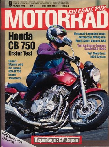 MOTORRAD 9/1992 – Test Moto Guzzi Daytona 1000; Test MZ ETZ 301; Test Honda CB Seven Fifty; Suzuki GSX 1100 G, hier als EML-Gespann